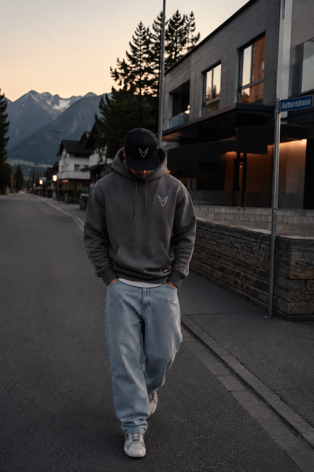 IBEX smoke grey 500 GSM heavyweight hoodie worn outdoors