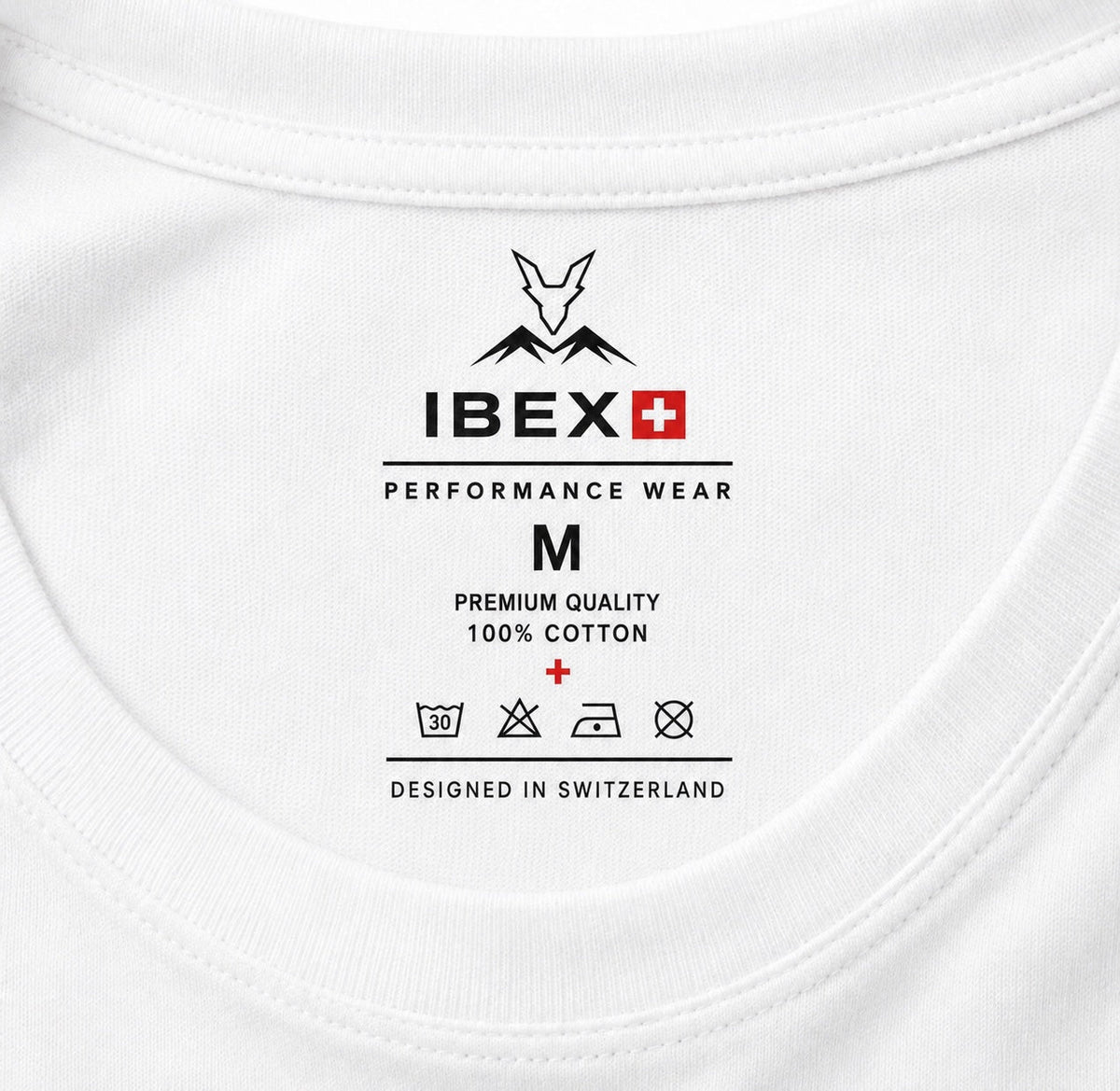 IBEX T-shirt label with Designed in Switzerland detail