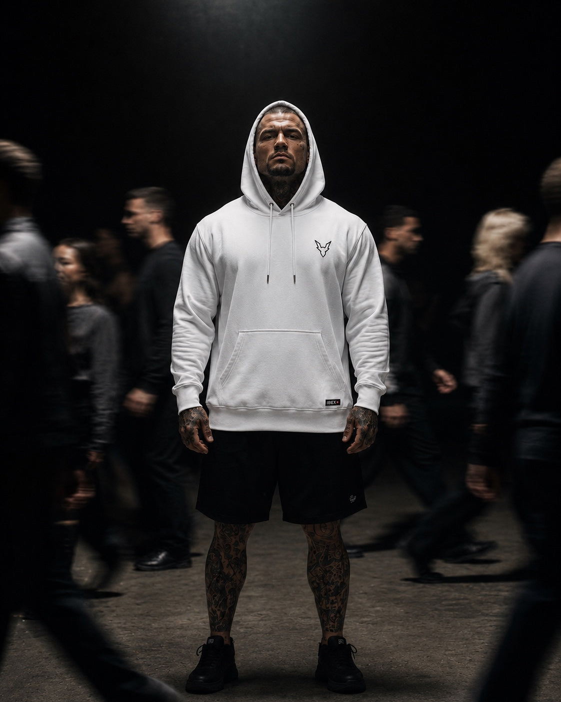 IBEX Performance Wear model wearing Alpine White Signature Hoodie
