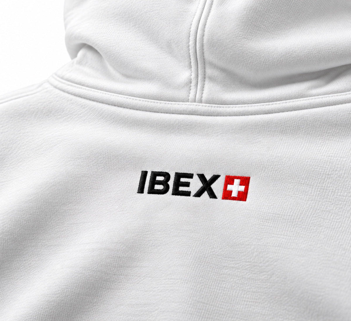IBEX Signature Zipped Hoodie Alpine White embroidered back logo detail