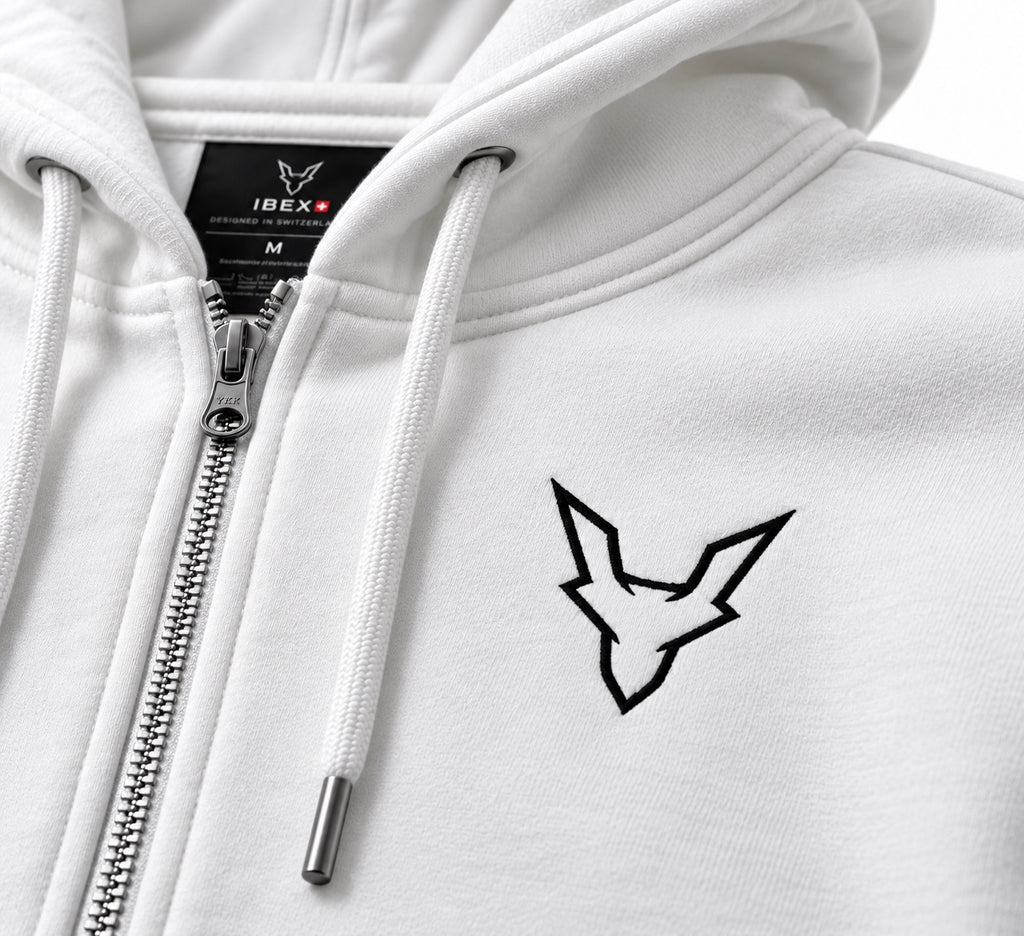 IBEX Signature Zipped Hoodie Alpine White embroidered chest logo detail