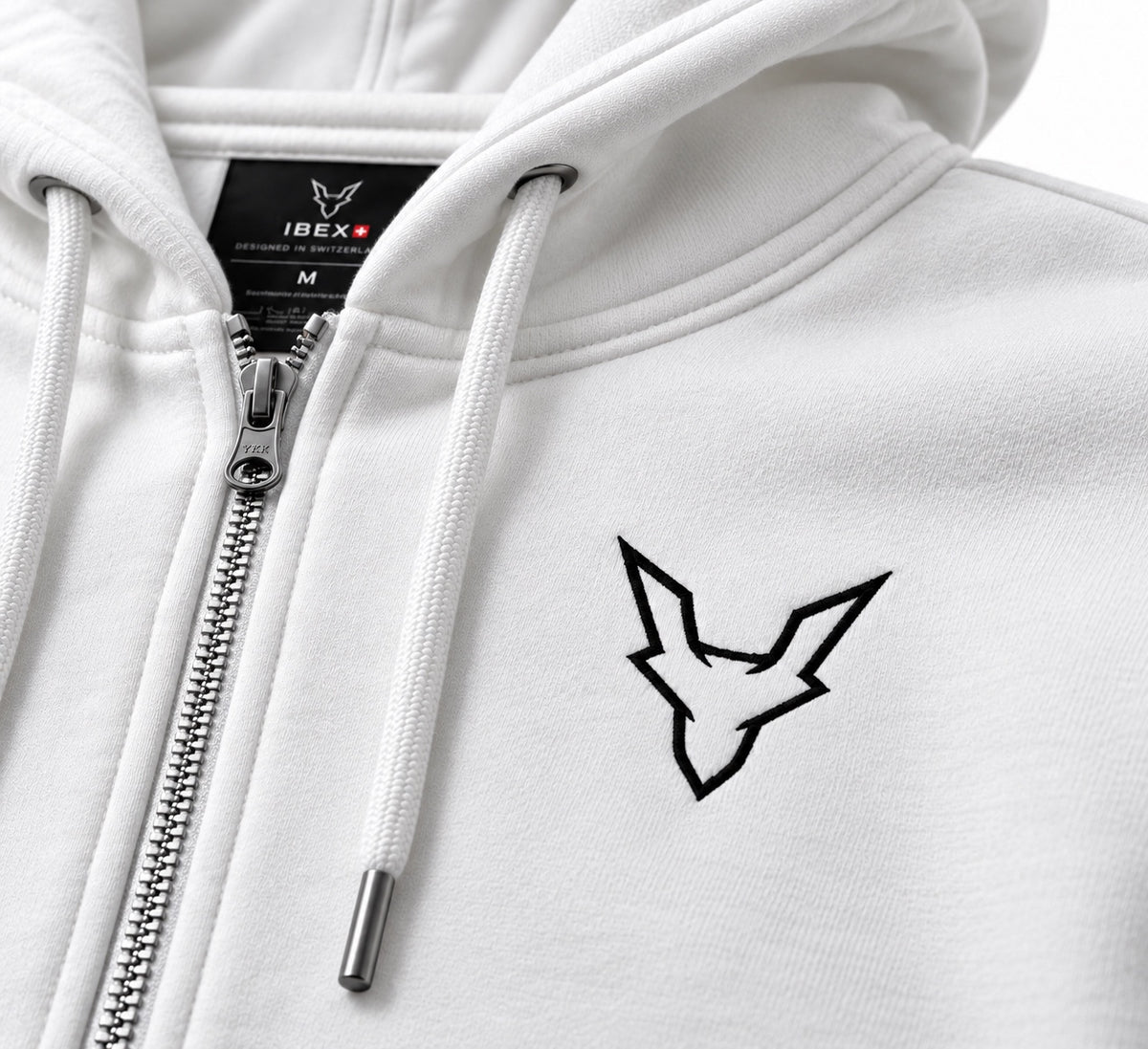 IBEX Signature Zipped Hoodie Alpine White embroidered chest logo detail