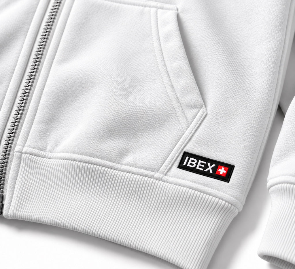 IBEX Signature Zipped Hoodie Alpine White signature label detail
