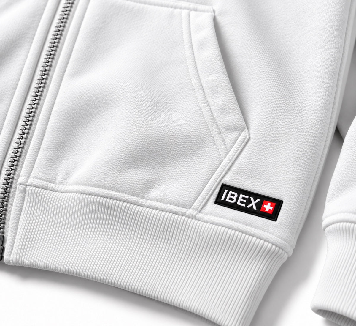 IBEX Signature Zipped Hoodie Alpine White signature label detail
