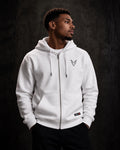 IBEX Signature Zipped Hoodie Alpine White worn by a model