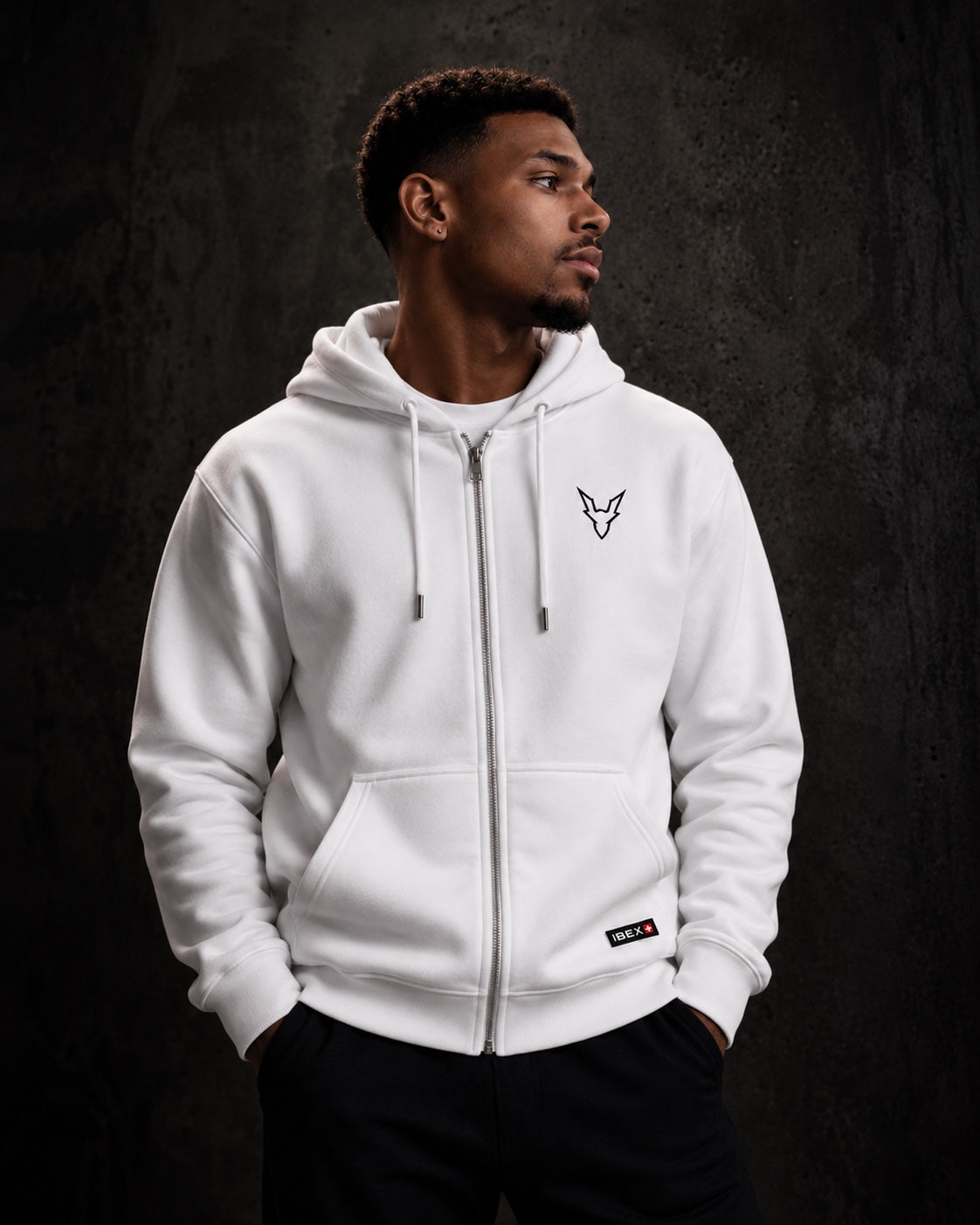 IBEX Signature Zipped Hoodie Alpine White worn by a model