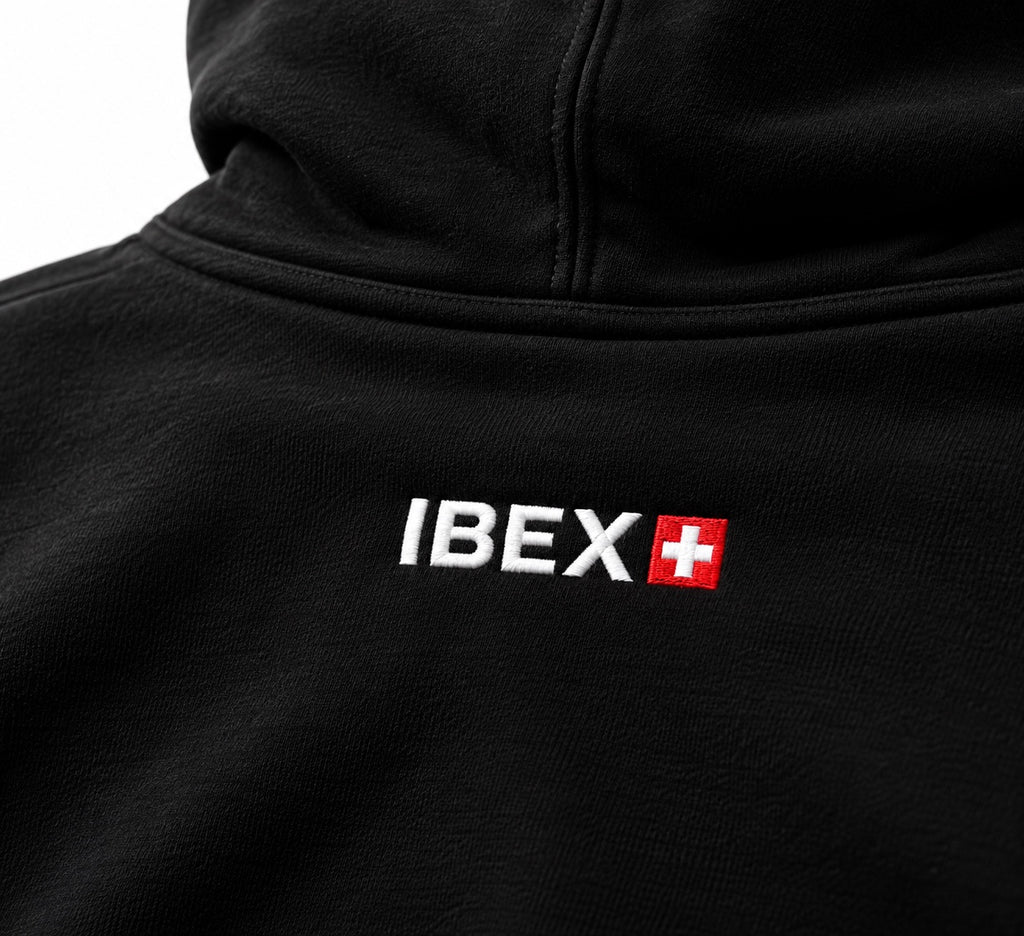 IBEX Signature Zipped Hoodie Black embroidered back logo detail