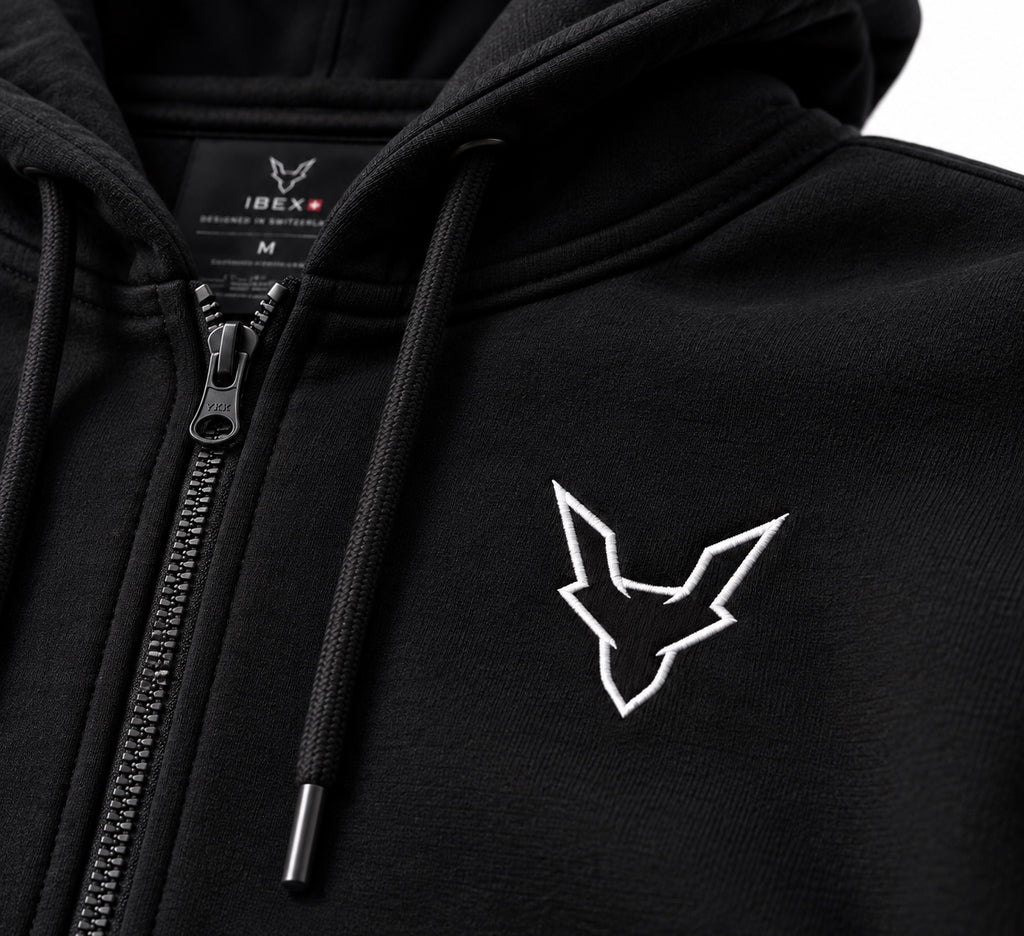 IBEX Signature Zipped Hoodie Black embroidered chest logo detail