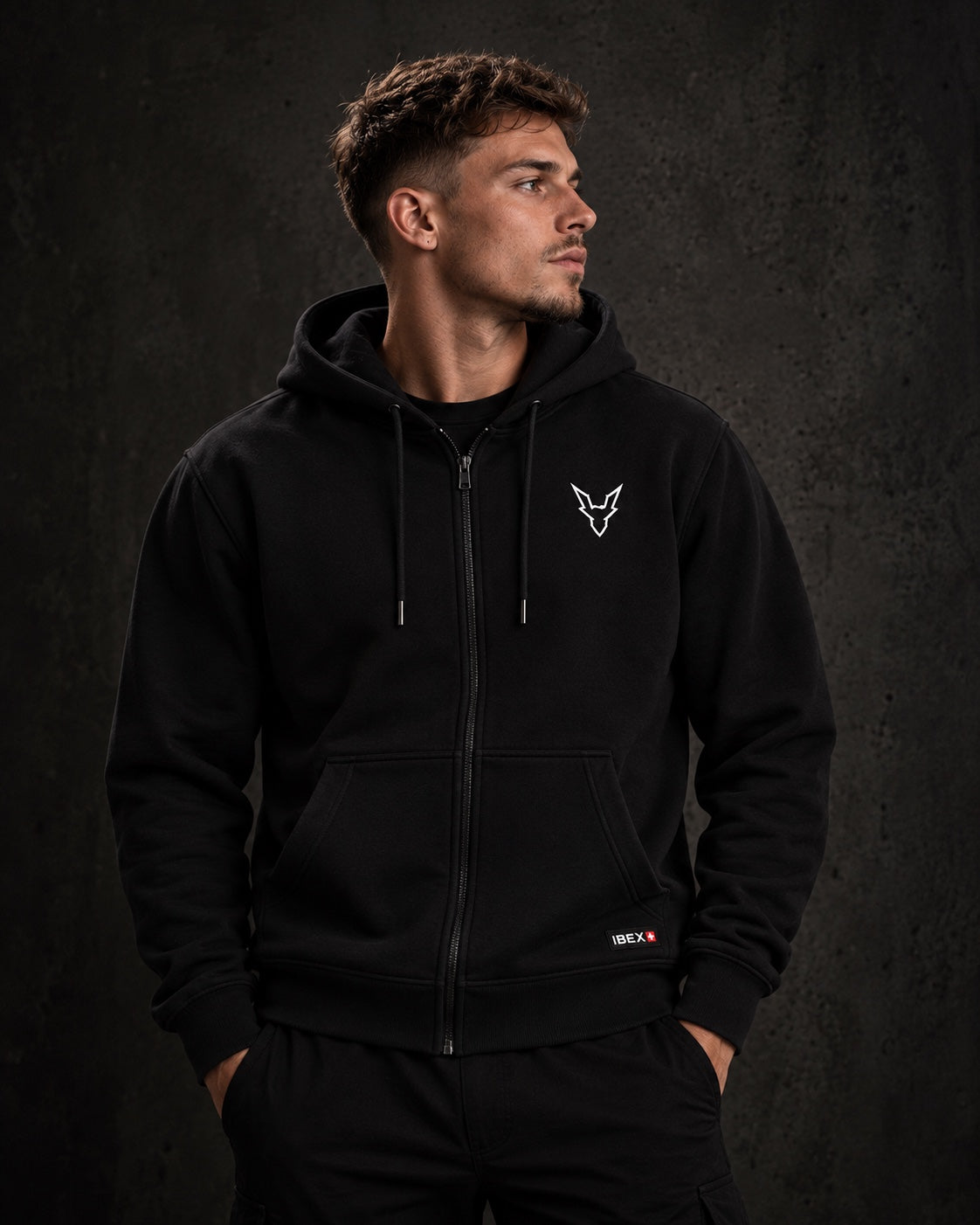 IBEX Signature Zipped Hoodie Black worn by a model