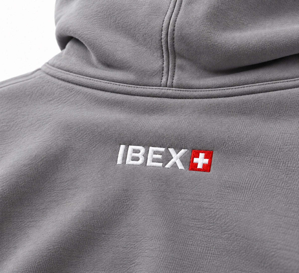 IBEX Signature Zipped Hoodie Smoke Grey embroidered back logo detail