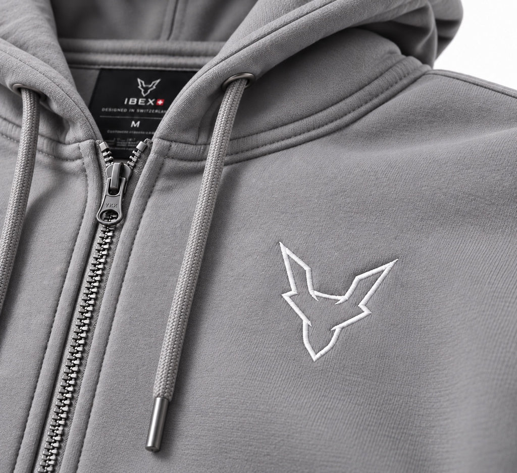 IBEX Signature Zipped Hoodie Smoke Grey embroidered chest logo detail