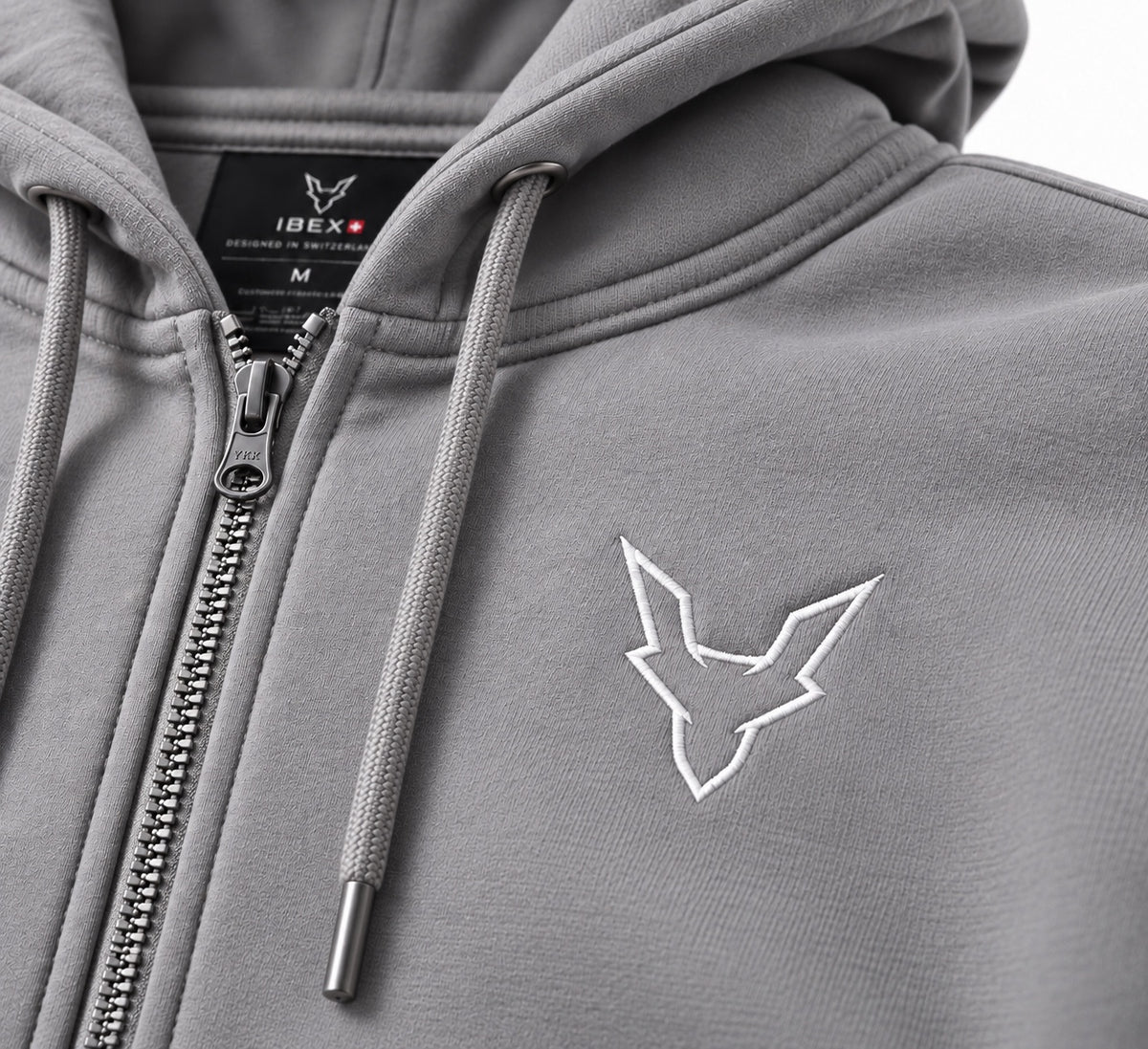 IBEX Signature Zipped Hoodie Smoke Grey embroidered chest logo detail
