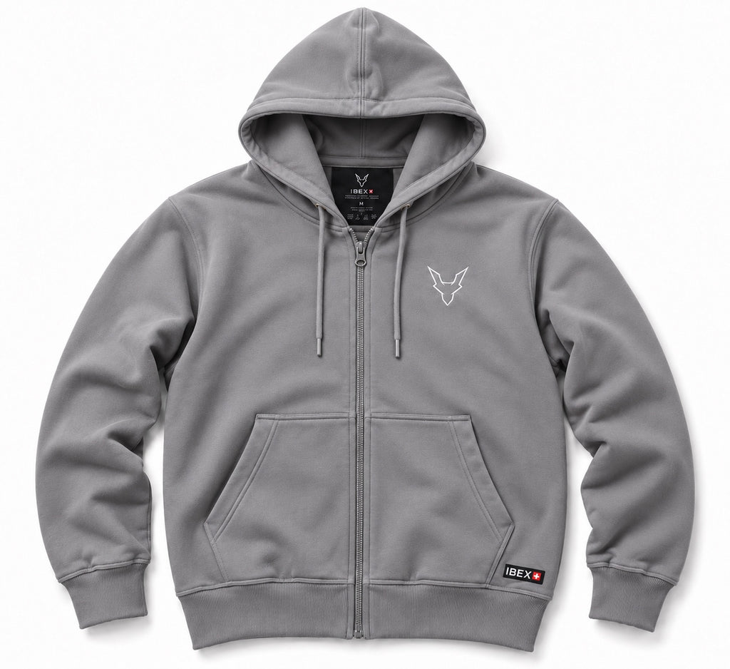 IBEX Signature Zipped Hoodie Smoke Grey front view