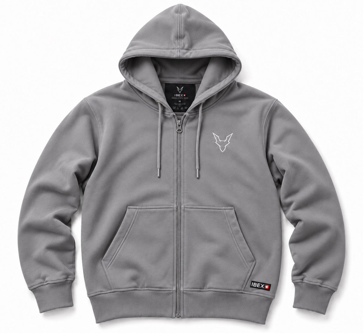 IBEX Signature Zipped Hoodie Smoke Grey front view