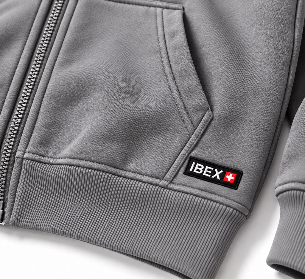 IBEX Signature Zipped Hoodie Smoke Grey signature label detail